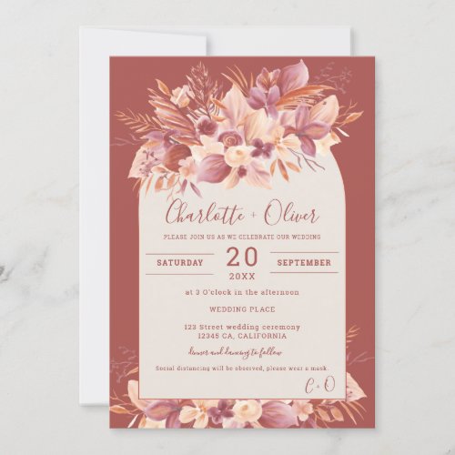 Boho red beige floral desert pampas photo wedding invitation