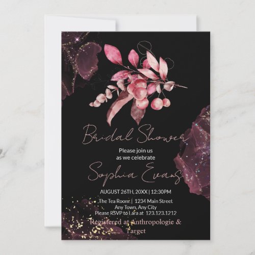 Boho Red Berries  Greenery Black Bridal Shower Invitation