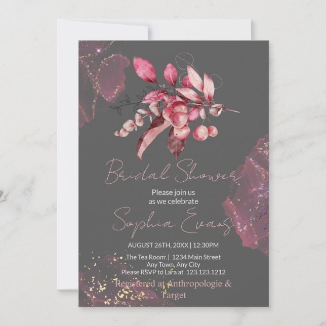 Boho Red Berries & Greenery Gray Bridal Shower Invitation (Front)