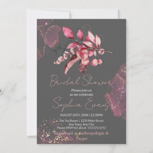 Boho Red Berries  Greenery Gray Bridal Shower Invitation