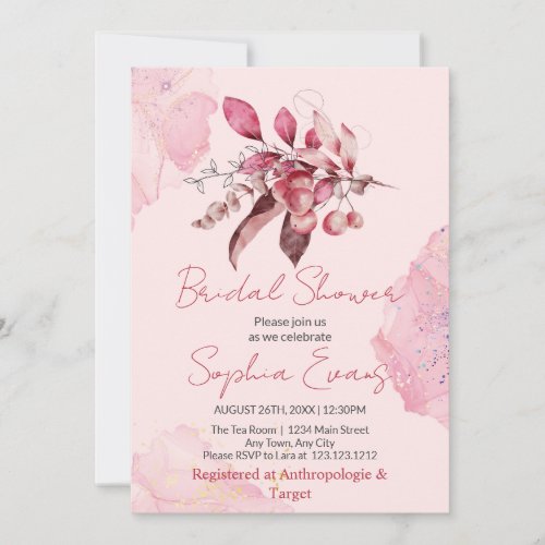Boho Red Berries  Greenery Pink Bridal Shower Invitation