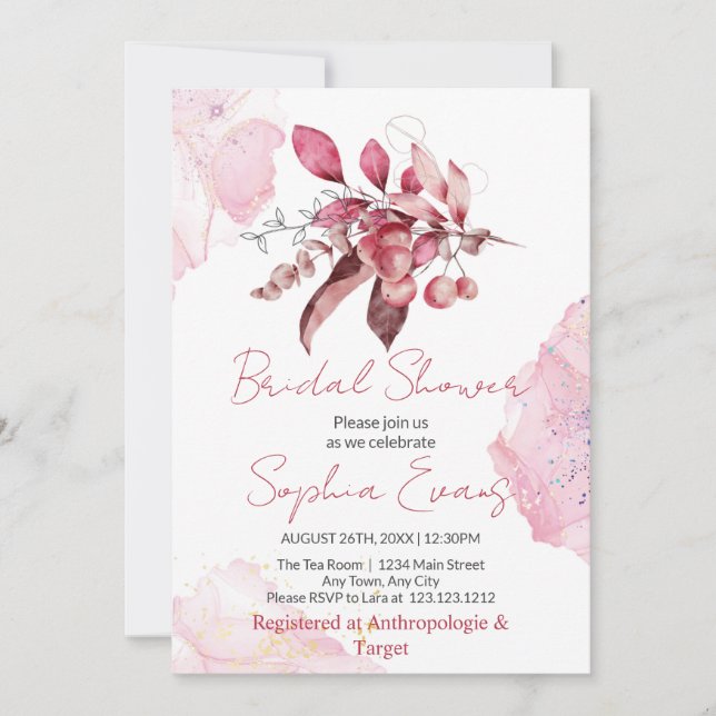 Boho Red Berries & Greenery White Bridal Shower Invitation (Front)