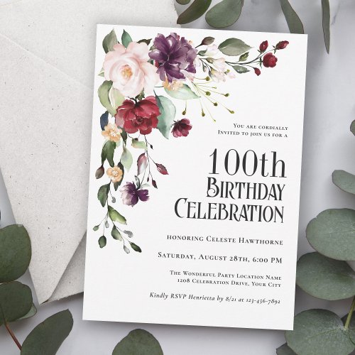 Boho Red Blush and Purple 100th Birthday Party Invitation