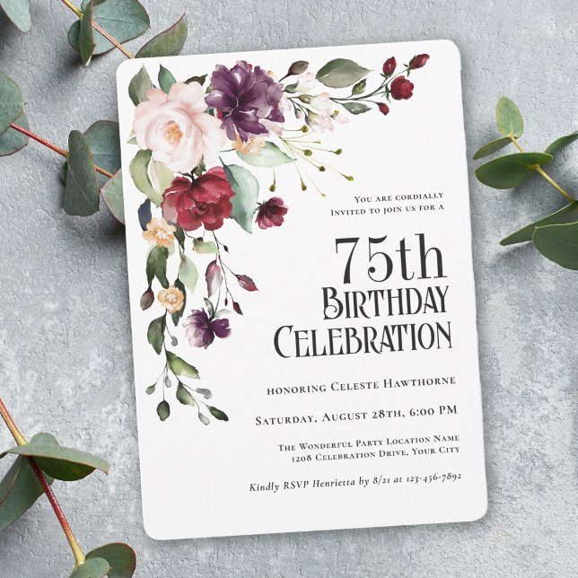 Boho Red, Blush and Purple 75th Birthday Party Invitation (Celebrate a milestone birthday in style!)