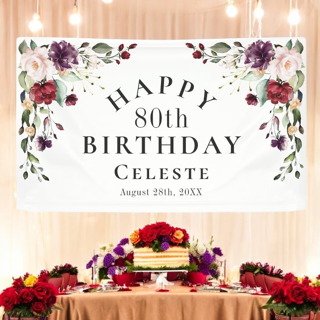 Boho Red Blush and Purple 80th Birthday Party Banner (Creator Uploaded)