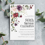 Boho Red Blush and Purple 80th Birthday Party Invitation<br><div class="desc">Honor someone special on their 80th birthday with this lovely watercolor floral birthday party invitation. It has a unique boho floral corner bouquet in the stylish color combination of burgundy red, blush pink, plum purple, and peach with sumptuous greenery scattered throughout. It makes a wonderful choice for celebrations from mid-summer,...</div>