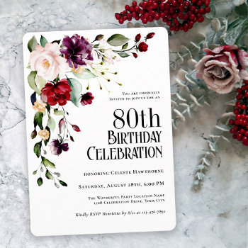 Boho Red Blush And Purple 80th Birthday Party Invitation by Oasis_Landing at Zazzle