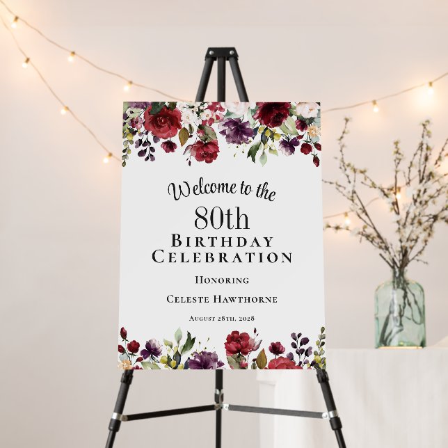 Boho Red Blush and Purple 80th Birthday Welcome Foam Board (In Situ (Stand))