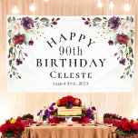 Boho Red Blush and Purple 90th Birthday Party Banner<br><div class="desc">A feminine watercolor floral birthday party banner with unique boho floral corner bouquets in the stylish color combination of burgundy red, blush pink, plum purple, and peach with sumptuous greenery scattered throughout. It makes a wonderful choice for celebrations from mid-summer, to fall and throughout the winter months. Personalize this banner...</div>