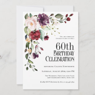 Boho Red Blush and Purple Floral 60th Birthday Invitation
