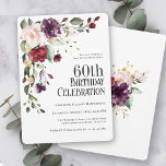 Boho Red Blush and Purple Floral 60th Birthday Invitation<br><div class="desc">Celebrate a 60th birthday in beautiful style with this unique watercolor floral birthday party invitation. It has a lovely floral corner bouquet in the stylish color combination of burgundy red, blush pink, plum purple, and peach with sumptuous greenery scattered throughout. It makes a wonderful choice for celebrations from mid-summer, to...</div>