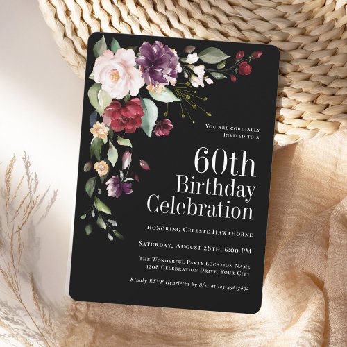 Boho Red Blush and Purple Floral 60th Birthday Invitation