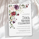 Boho Red, Blush and Purple Floral 70th Birthday Invitation<br><div class="desc">Celebrate a 70th birthday in beautiful style with this unique watercolor floral birthday party invitation. It has a lovely floral corner bouquet in the stylish color combination of burgundy red, blush pink, plum purple, and peach with sumptuous greenery scattered throughout. It makes a wonderful choice for celebrations from mid-summer, to...</div>