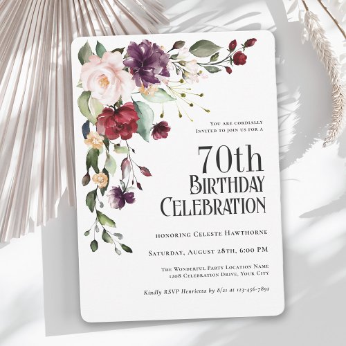 Boho Red Blush and Purple Floral 70th Birthday Invitation