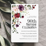 Boho Red Blush and Purple Floral 90th Birthday Invitation<br><div class="desc">Celebrate a 90th birthday in beautiful boho style with this unique watercolor floral birthday party invitation. It has a lovely floral corner bouquet in the stylish color combination of burgundy red, blush pink, plum purple, and peach with sumptuous greenery scattered throughout. It makes a wonderful choice for celebrations from mid-summer,...</div>