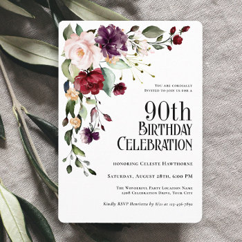 Boho Red Blush And Purple Floral 90th Birthday Invitation by Oasis_Landing at Zazzle