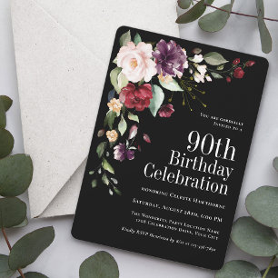 Boho Red Blush and Purple Floral 90th Birthday Invitation