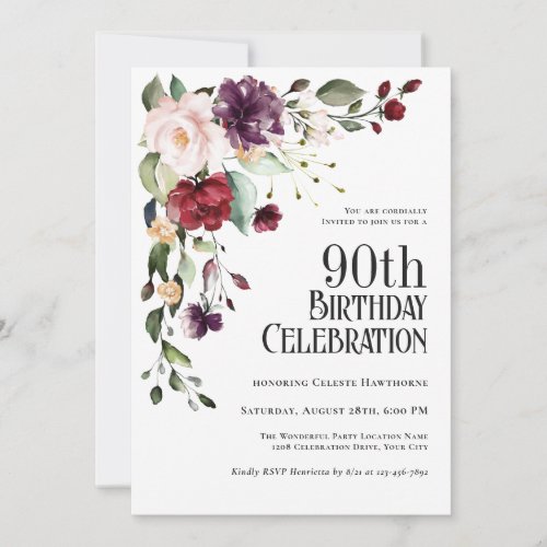Boho Red Blush and Purple Floral 90th Birthday