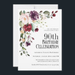 Boho Red Blush and Purple Floral 90th Birthday Invitation<br><div class="desc">Celebrate a 90th birthday in beautiful boho style with this unique watercolor floral birthday party invitation. It has a lovely floral corner bouquet in the stylish color combination of burgundy red, blush pink, plum purple, and peach with sumptuous greenery scattered throughout. It makes a wonderful choice for celebrations from mid-summer,...</div>