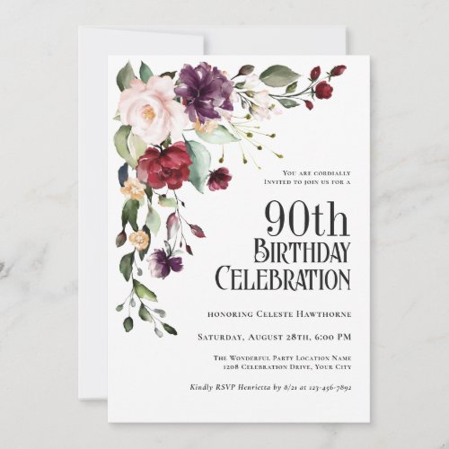 Boho Red Blush and Purple Floral 90th Birthday Invitation