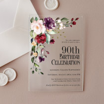 Boho Red Blush Pink and Purple 90th Birthday Acrylic Invitations