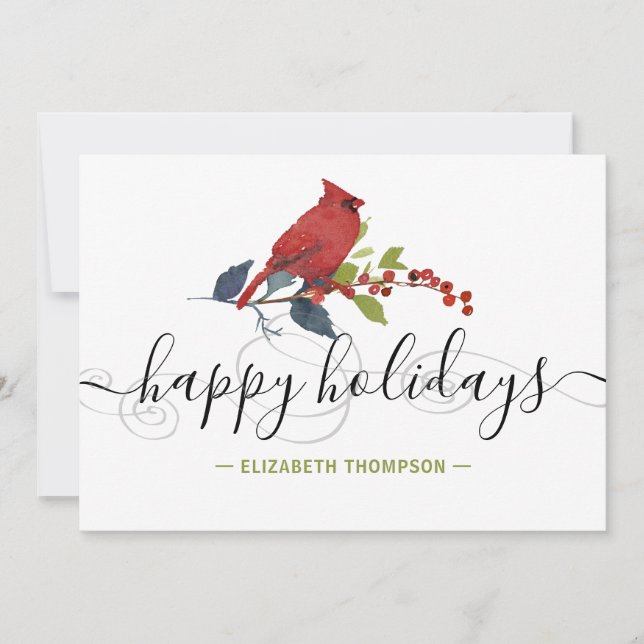 Boho Red Cardinal Holly Berries Name Happy Holiday Card (Front)