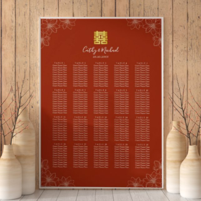 Boho red floral Chinese wedding seating chart (Creator Uploaded)