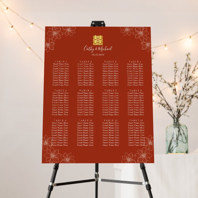 Boho red floral Chinese wedding seating chart Foam Board (In Situ (Stand))