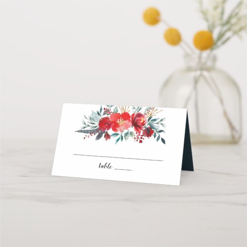 Boho Red Floral Feather Wreath Monogram Wedding Place Card