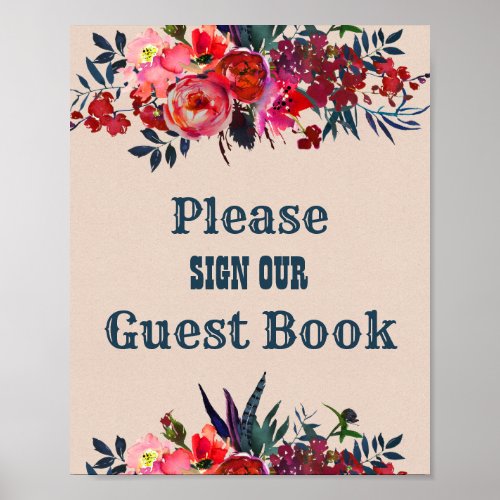 Boho Red Floral Guest Book Wedding Sign