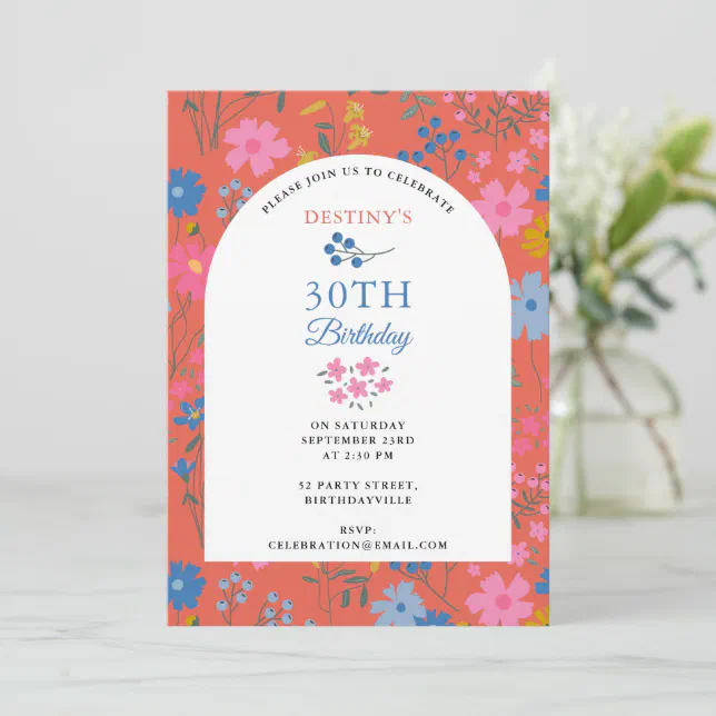 Boho Red Floral Wildflowers 30th 40th Birthday Invitation | Zazzle