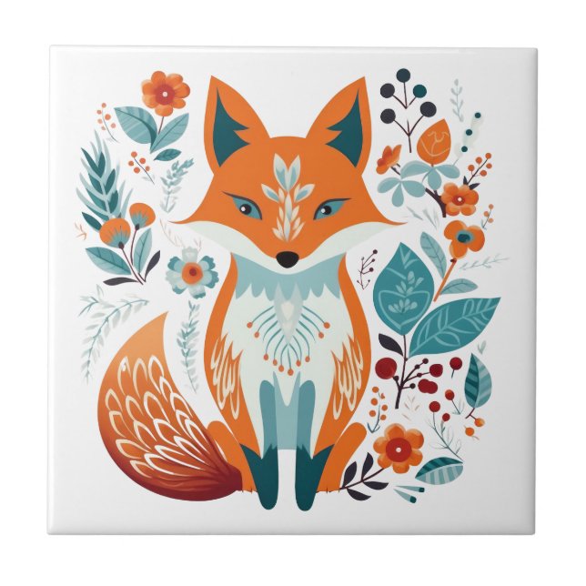 Boho Red Fox Scandinavian Folk Art Ceramic Tile (Front)
