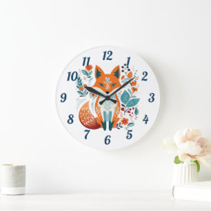 Boho Red Fox Scandinavian Folk Art Large Clock