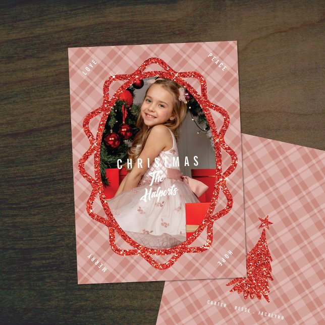 Boho Red Glitter & Plaid Oval Photo Christmas Holiday Card (Creator Uploaded)