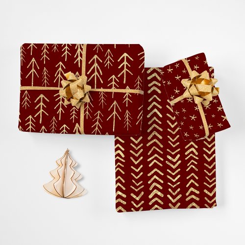 Boho Red Gold Foil Winter Patterns Wrapping Paper Sheets