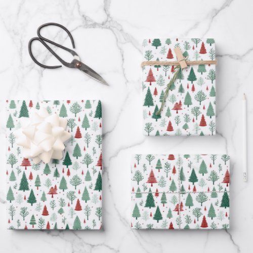 Boho Red Green Christmas Trees Holiday Wrapping Paper Sheets