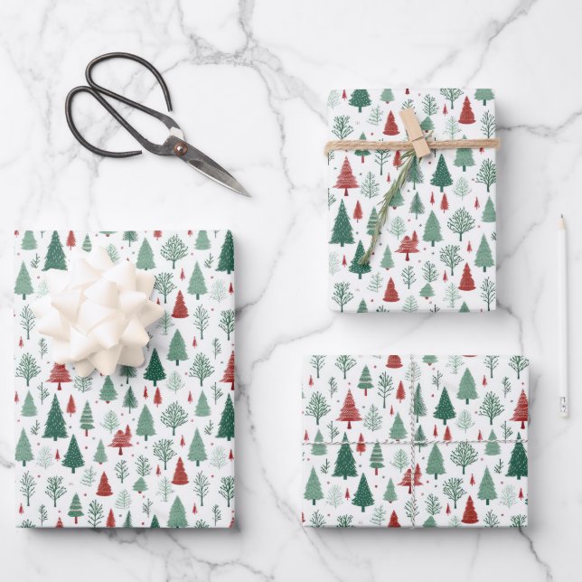Boho Red Green Christmas Trees Holiday Wrapping Paper Sheets (Front)