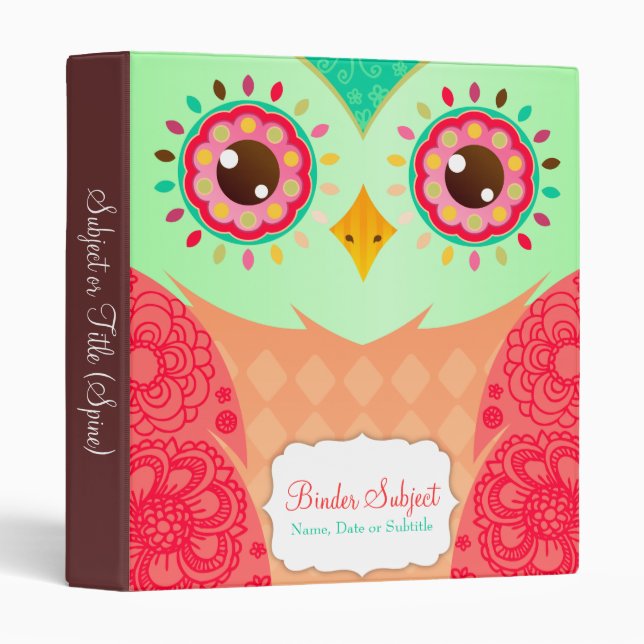 Boho Red & Green Owl 3 Ring Binder (Front/Spine)
