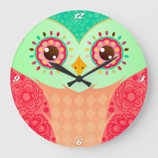 Boho Red & Green Owl Large Clock