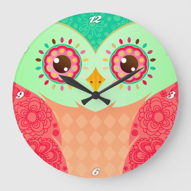 Boho Red & Green Owl Large Clock (Front)