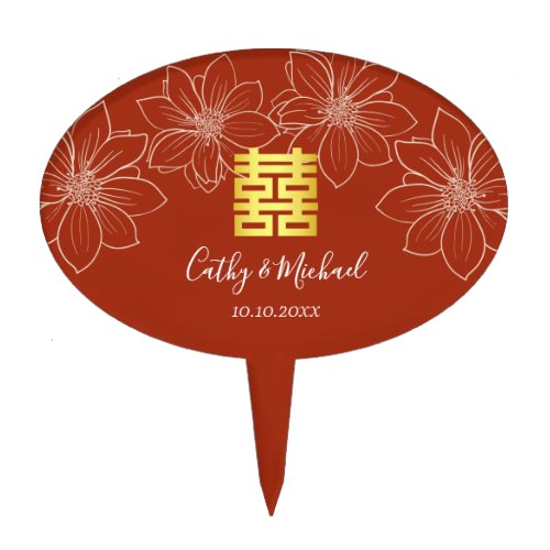 Boho red modern floral Chinese wedding Cake Topper