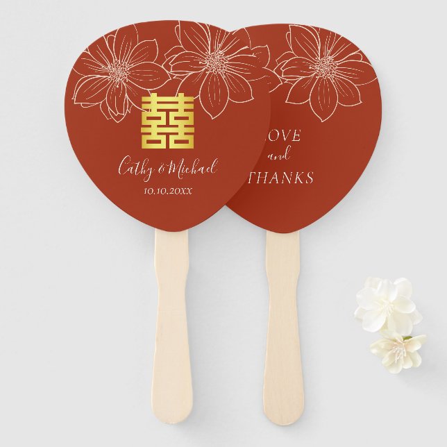 Boho red modern floral Chinese wedding Hand Fan (Front and Back)