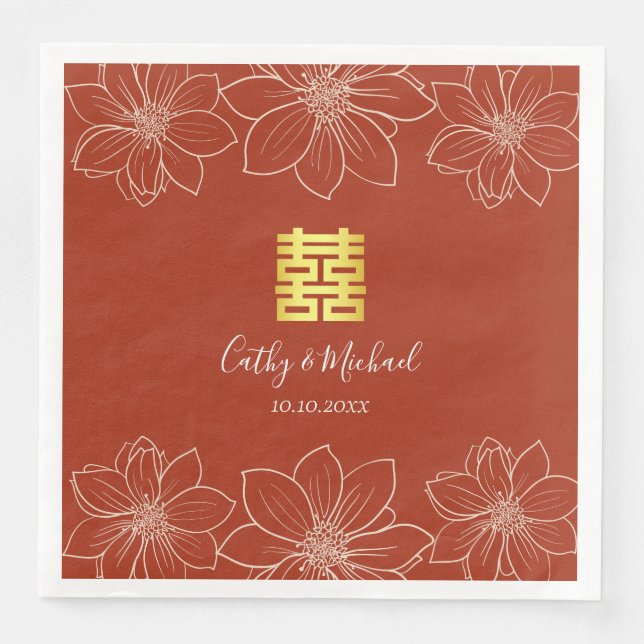 Boho red modern floral Chinese wedding Paper Dinner Napkins (Front)