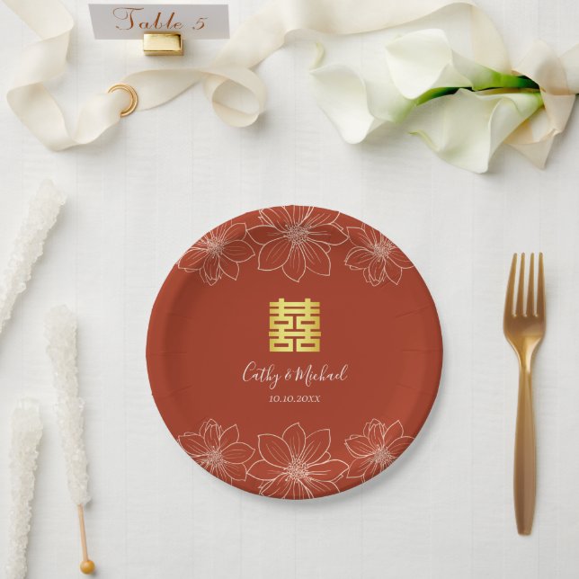 Boho red modern floral Chinese wedding Paper Plates (Wedding)