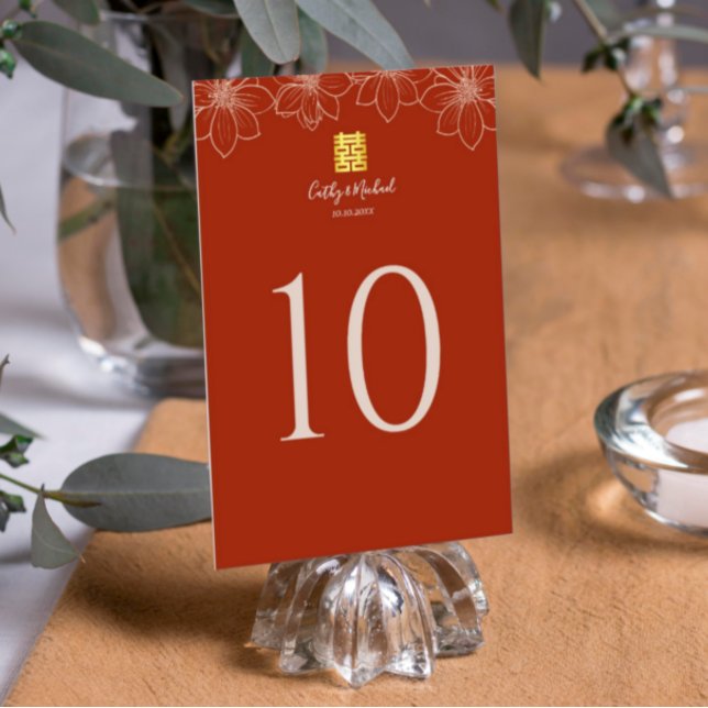 Boho red modern floral Chinese wedding Table Number (Creator Uploaded)