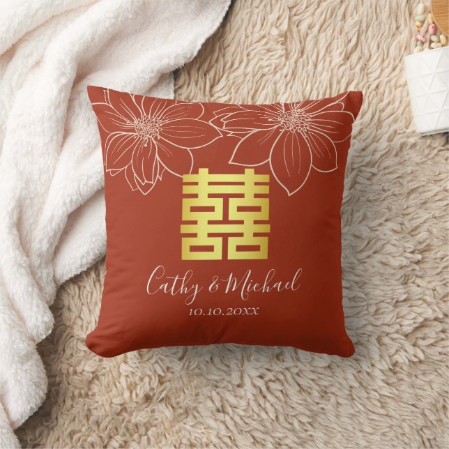 Boho red modern floral Chinese wedding Throw Pillow (Blanket)