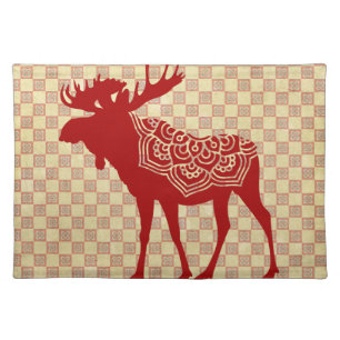 Boho Red Moose Silhouette Cloth Placemat