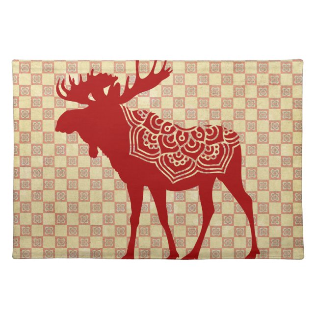 Boho Red Moose Silhouette Cloth Placemat (Front)