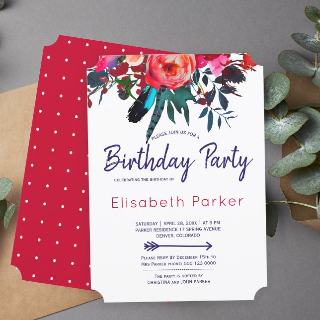 Boho red navy blue floral bouquet birthday party invitation (Creator Uploaded)