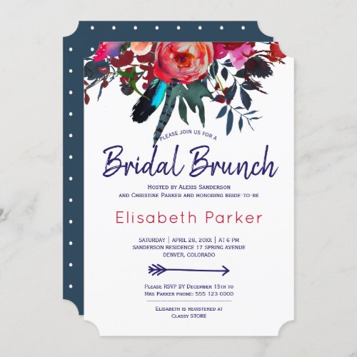 Boho red navy blue floral bouquet bridal brunch invitation